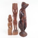 2 carved wood nude sculptures, and a large plaster sculpture, height 56cm (3)