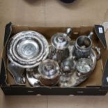 A Pilgrim silver plated 4-piece tea and coffee set, pewter tankard, serving trays, swing-handled