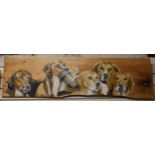 Clive Fredriksson, hand painted wood plank, hunt dogs, signed, 35cm x 125cm