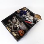 A box of miscellaneous plated cutlery, pewter tankard, pewter figures etc