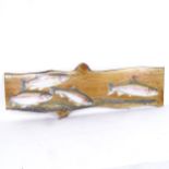 Clive Fredriksson, hand painted plank, shoal of trout, 40cm x 131cm