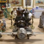 Various metalware and collectables, including Tower Bridge aeroplane clock, Black Forest carved wood