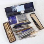 Various fountain and rollerball pens, including Parker with 14k nib, Parker 2-pen set etc (boxful)
