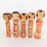 5 Japanese turned and hand painted wood Kokeshi dolls, all signed, largest height 27cm (5)