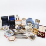 Various collectables, including Wedgwood blue and white Jasperware mantel clock, Parker pens,