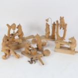 7 Black Forest design carved wooden bear toys, tallest 17cm