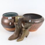 Middle Eastern copper jardiniere, a similar British copper jardiniere, and 2 brass fireside boots (