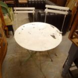 A circular painted metal folding garden table, and 2 matching folding chairs W - 60cm.