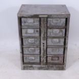 An early 20th century industrial metal 10-drawer chest, "Colangular", W54cm, H72cm, D39cm