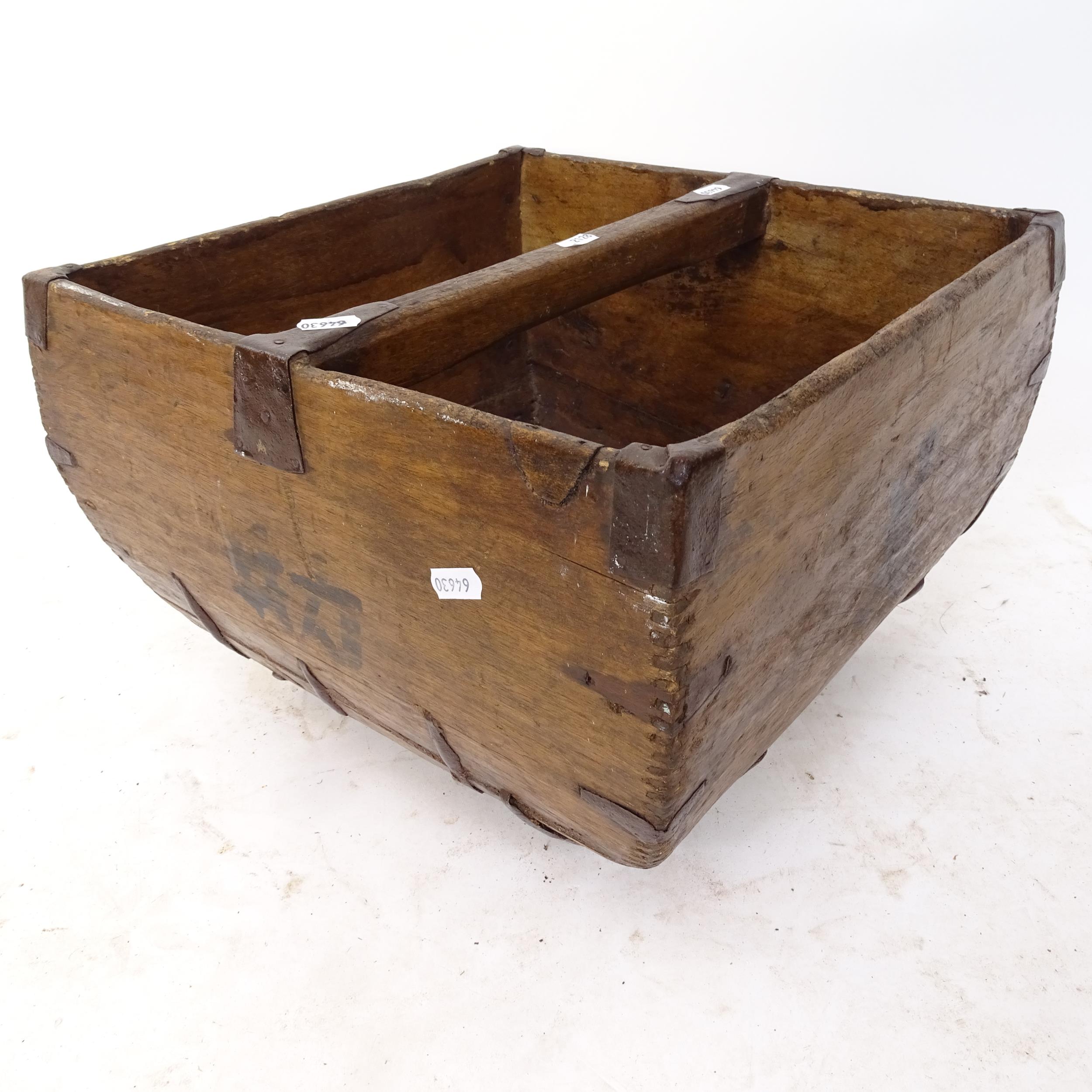 An Antique Chinese elm and steel-bound basket, W38cm, H27cm