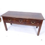 An elm 18th century plank-top serving table, having 3 frieze drawers, L160cm, H79cm, D70cm