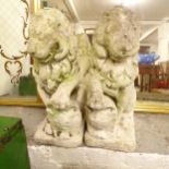 A pair of weathered concrete lion garden statues, H40cm