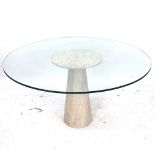A large circular glass-top table, on a reconstituted mushroom-shape base, W140cm, H74cm