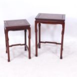 A graduated pair of Oriental hardwood lamp tables, with silvered inlaid decoration, widest 42cm