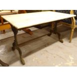 A rectangular marble-top garden table, on metal stand, L100cm, H52cm, D60cm