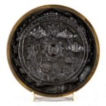 A Japanese bronze hand mirror with relief cast panel, signed Ama-Shimo circa 1680, diameter 12cm