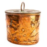 Newlyn Arts and Crafts oval copper box and cover, relief embossed fish decorated surround and ring