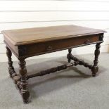 A 19th century oak library table, with single frieze drawer and stretcher base, 130cm x 79cm