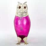 A ruby flash glass and electroplate owl design Claret jug, height 29cm