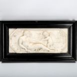 A 19th century relief carved white marble plaque, depicting Classical figures and temple