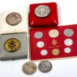 3 cased Papal medallions, a proof set of 1967 Papal coins, and 2 other coins