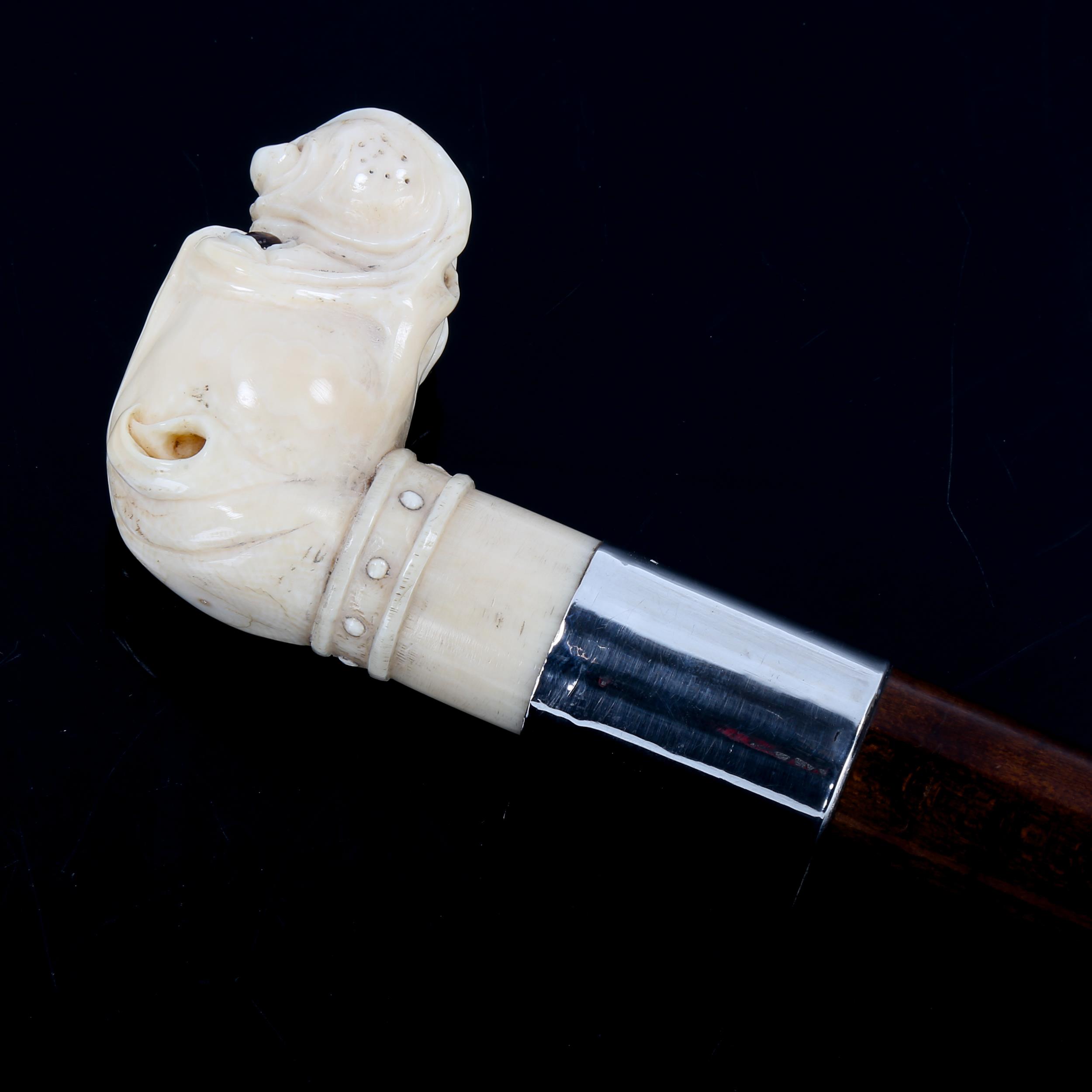 A 19th century carved ivory Bulldog-head handled walking cane with glass eyes, and sterling silver - Image 2 of 3