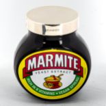 A large jar of Marmite with hallmarked silver lid, boxed