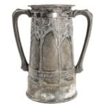 Liberty Tudric pewter 2-handled vase, with relief moulded stylised tree design "For Old Times Sake",