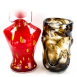 A large Whitefriars brown knobbly glass vase, height 25cm, and a Studio coloured glass torso vase (