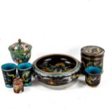 A group of Chinese cloisonne enamel items, including a dragon pot, height 9cm, and a goblet and