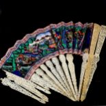 A group of Chinese carved and pierced fan parts, with hand painted screens