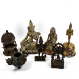 A group of Indian bronze deities, a bronze bell, an incense burner etc (7)