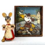 A Vintage carved wood mouse design money box, height 26cm, and a hand painted Mickey Mouse design