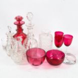 A group of Victorian cranberry and clear glass items