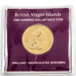 British Virgin Islands 900 fine gold 100 dollar coin, uncirculated 1975