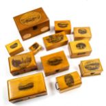 A collection of Victorian Mauchline Ware boxes, including scenes at Dumfries, Dover, Hastings, and