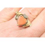 Continental 14ct gold Claddagh ring, set with a red coral heart with tiny diamonds set to a heart