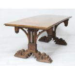 Gothic Revival oak refectory table, circa 1840-60, plank top with chamfered edge supported on Gothic