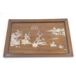 Chinese hardwood and mother of pearl inlaid panel, early 20th Century, worked with a landscape