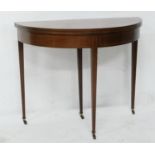 Edwardian mahogany and inlaid demi-lune card table, having satinwood banded inlays throughout, the