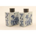 Pair of Chinese blue and white tea caddies, 18th or 19th Century, rectangular section decorated with