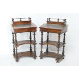 Matched pair of Victorian walnut whatnot davenports, circa 1880, each with a lift up pen and