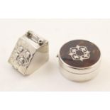 Sterling silver stamp box, formed as a coal scuttle, marked '925', 35mm; also a silver and pique