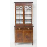 Edwardian mahogany and rosewood banded bookcase cabinet, retailed by H F Thomas, Eastgate Street,