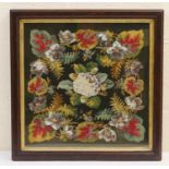 Victorian beadwork and needlepoint panel, worked with flowers and ferns, mounted within a walnut