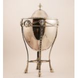 Silver plated lidded urn in the Adam Revival style, domed top with finial over a U-shaped body