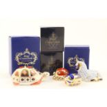 Four Royal Crown Derby paperweights comprising Lamb, height 6.5cm, Turtle, length 12.5cm, Millennium
