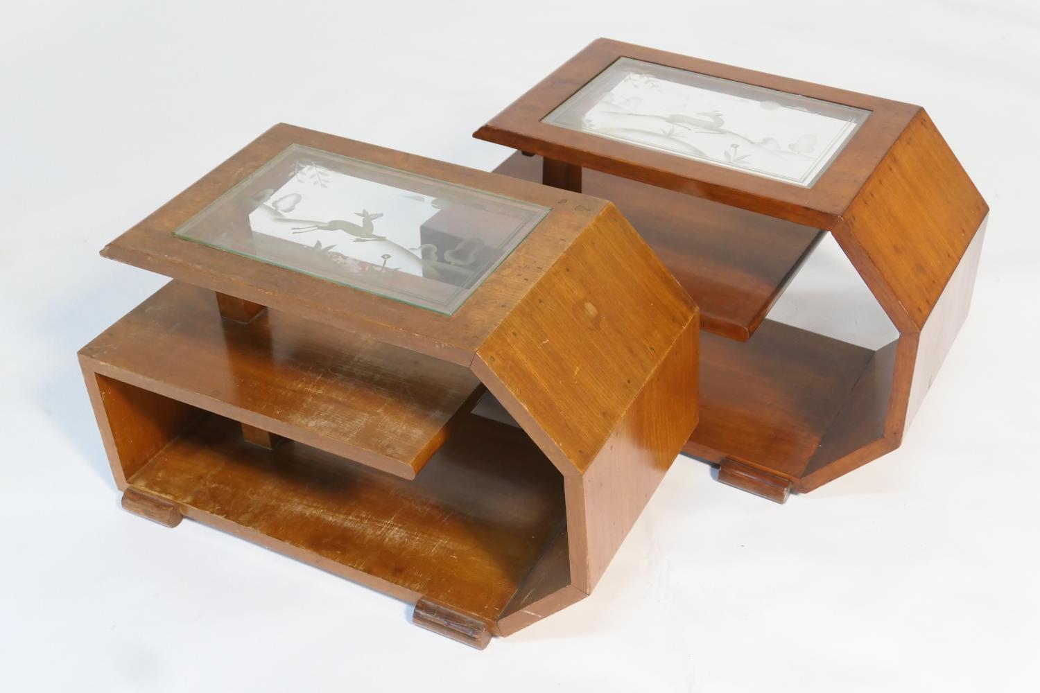 Pair of French Art Deco stained beech book tables, each with an etched glass panel, featuring a