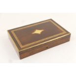 Victorian rosewood and inlaid box, circa 1870, the hinged cover with a vacant brass lozenge