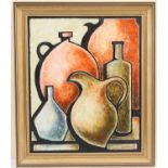 Nicole Faleur (French, 1925-2017), Bottles and Pots, oil on board, signed, inscribed verso, 60cm x